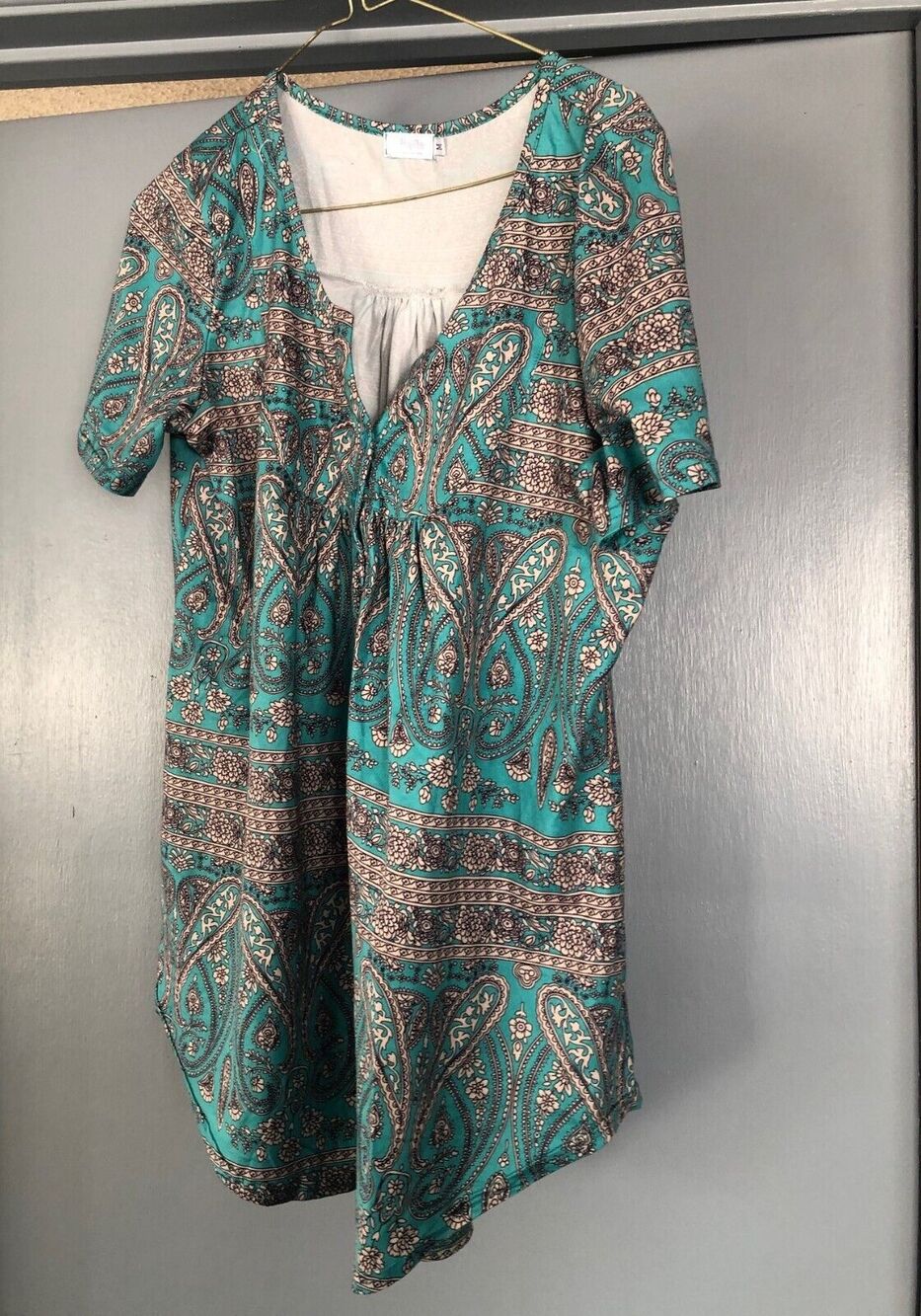 Halife Blue Paisley V-Neck Pullover Short Sleeve Top Blouse Womens Size M
